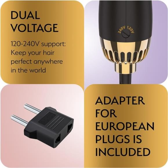 Professional Dual Voltage Blowout Hair Dryer Brush, Black Gold 2.4 " Oval Shape - Picture 4 of 6